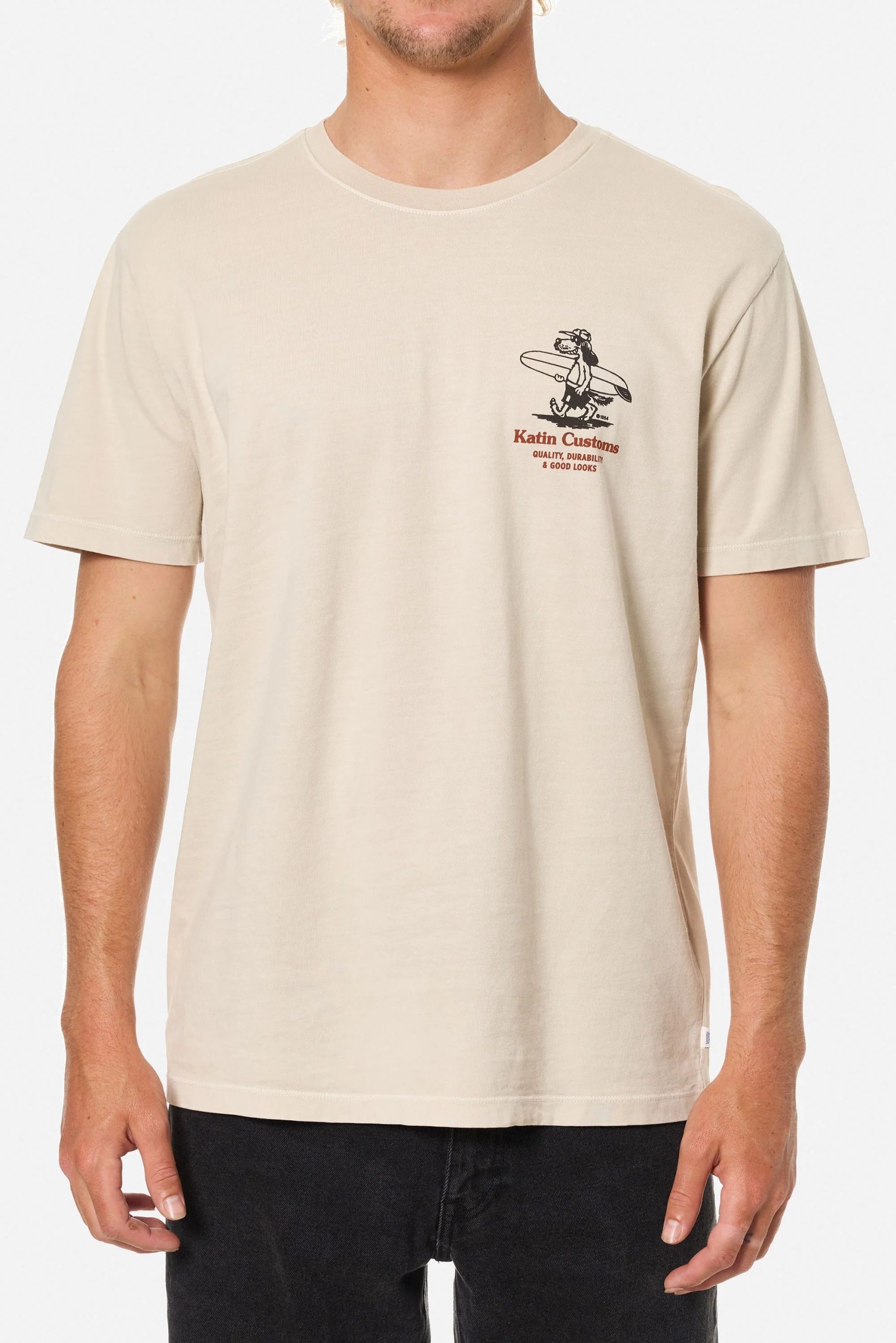 Beige 2 Camiseta Katin Lou Tee hombre algodón orgánico con gráfico personalizado inspirado en los años 70