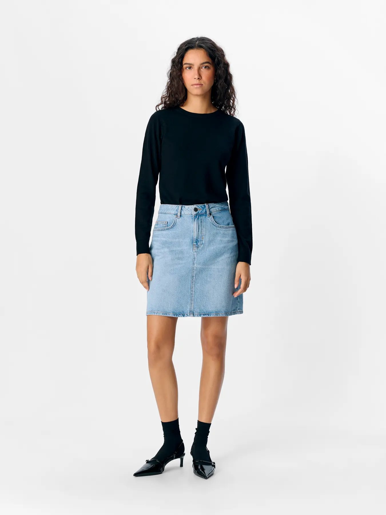 Light Blue Denim Washed 2 Falda vaquera mujer tiro alto con bolsillos