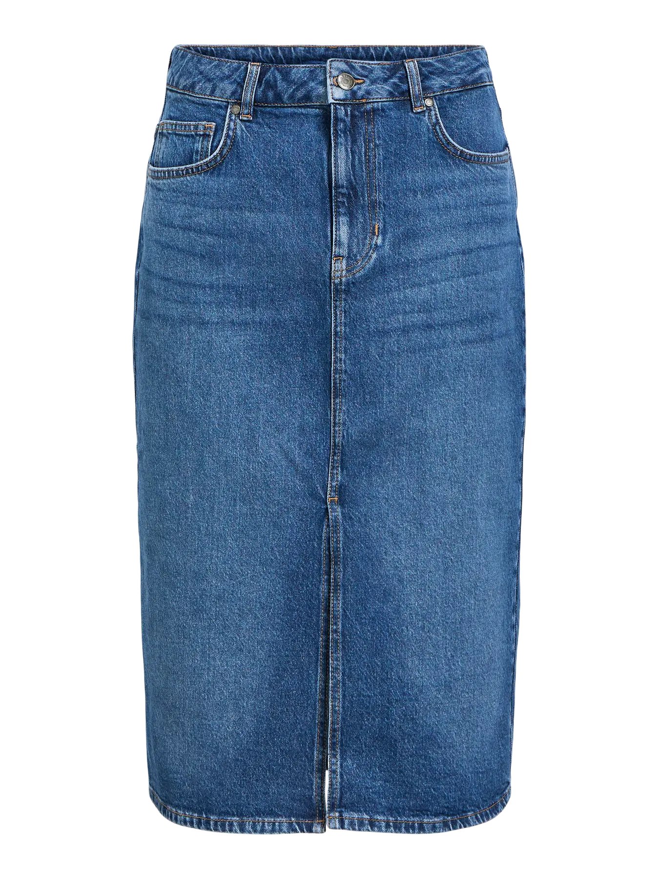 Medium Blue Denim Washed 1 Falda midi vaquera mujer tiro medio con abertura frontal