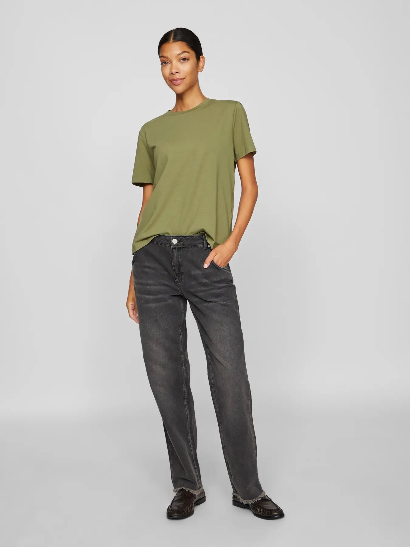 Oil Green 2 Top básico mujer algodón orgánico cuello redondo