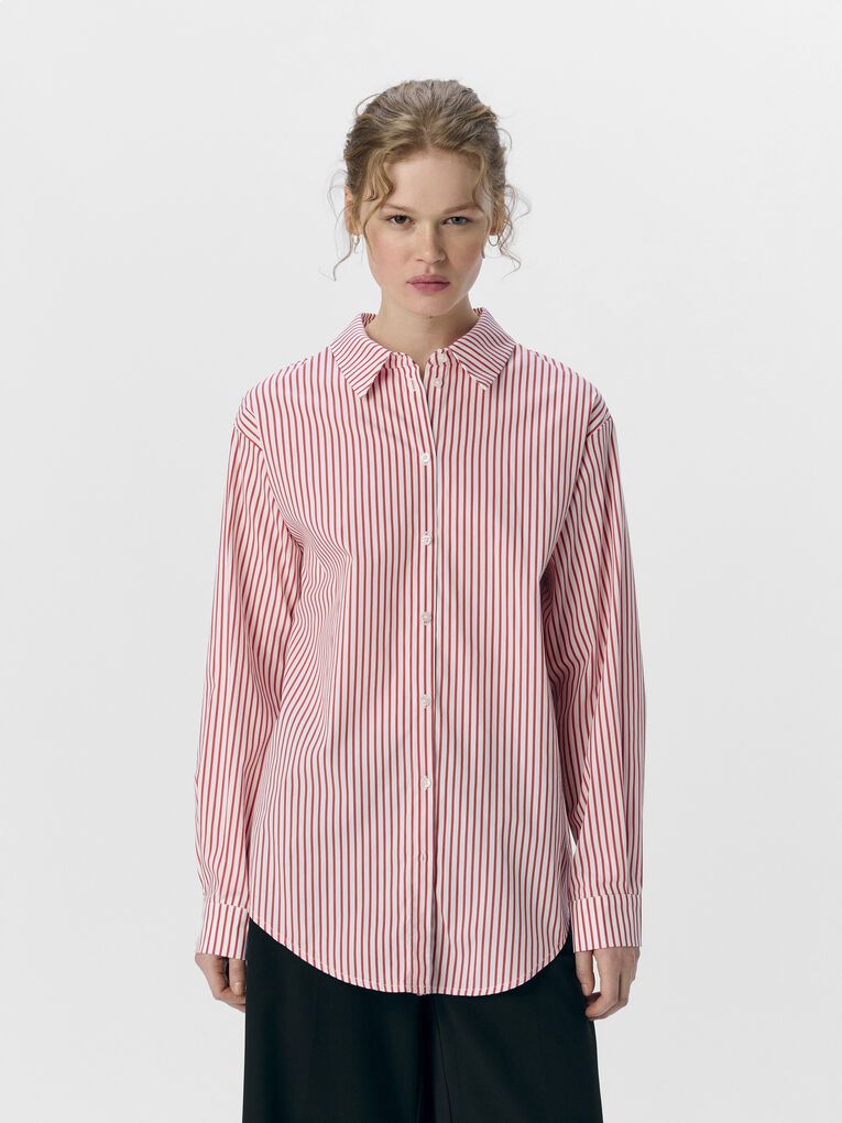 White - Red 2 Camisa mujer manga larga popelina con cuello clásico