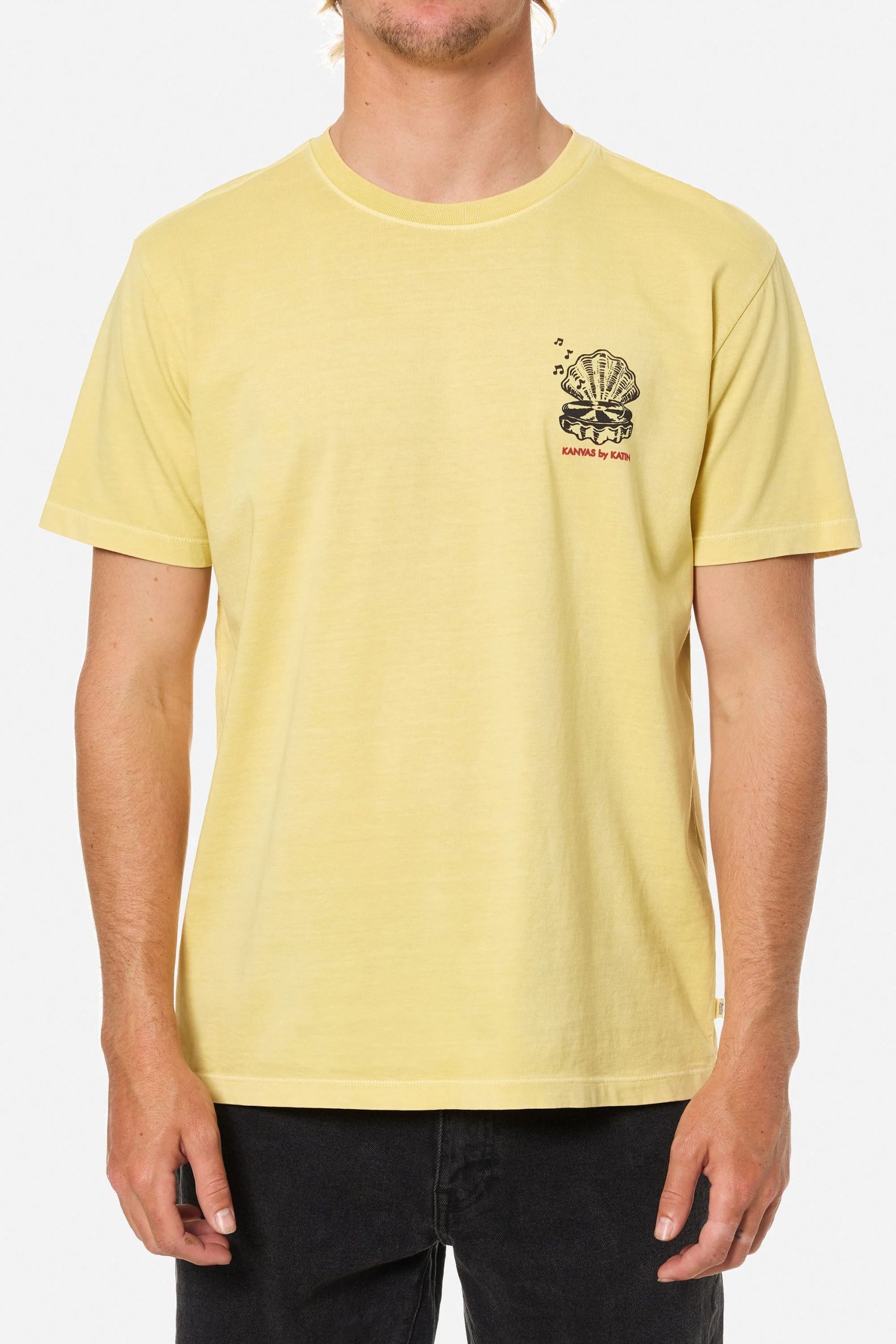 Yellow 2 Camiseta hombre Vibrations Tee de algodón orgánico, manga corta, estampado inspirado en carteles vintage