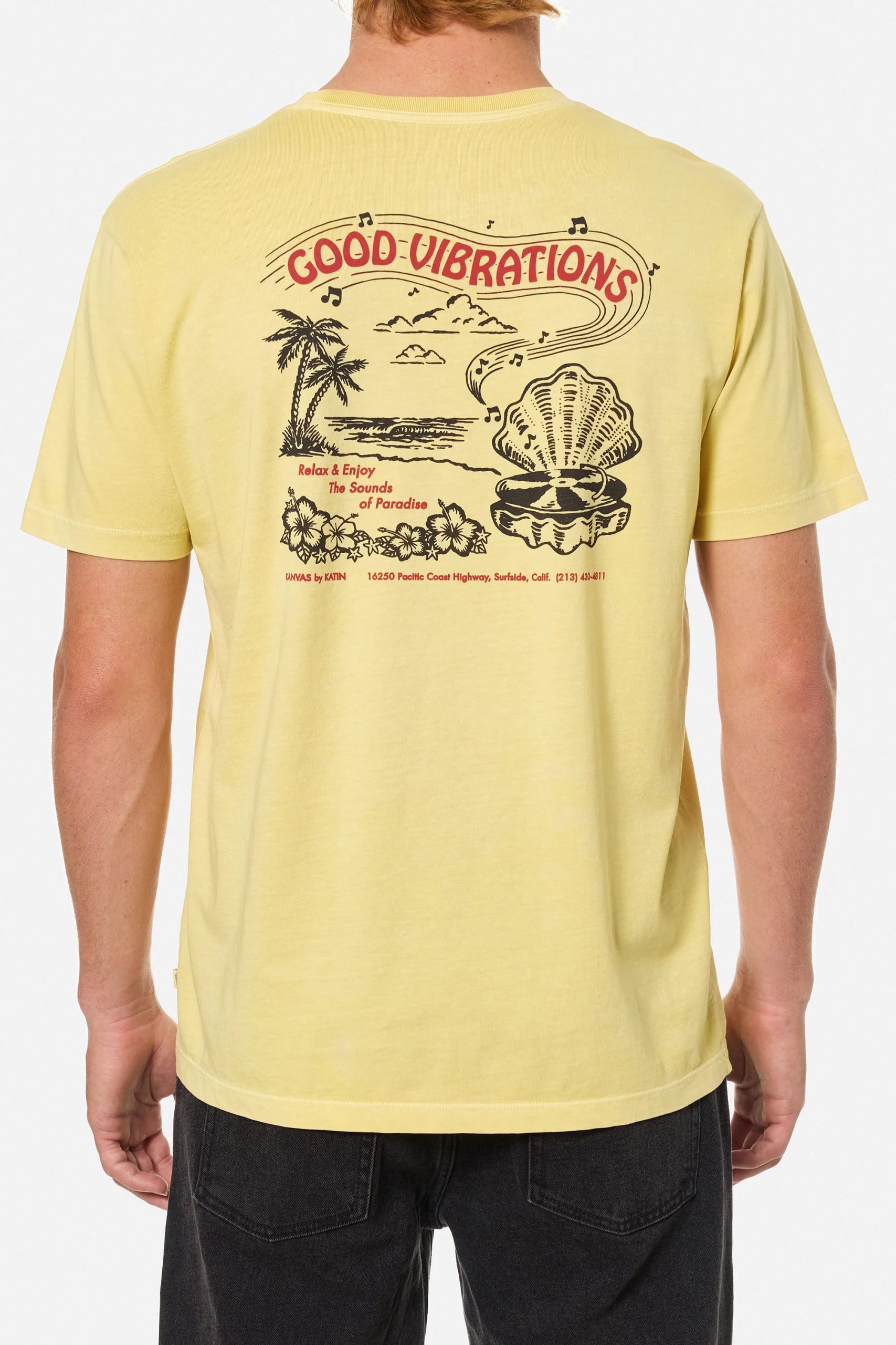Yellow 4 Camiseta hombre Vibrations Tee de algodón orgánico, manga corta, estampado inspirado en carteles vintage